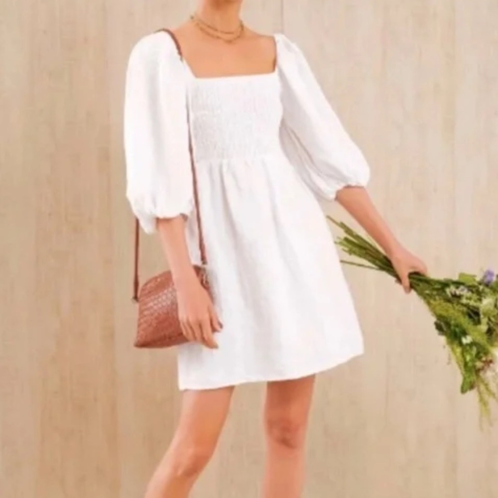 TuckerNuck White Linen Smocked Puff Sleeve Mini Dress Square Neck Cottagecore S